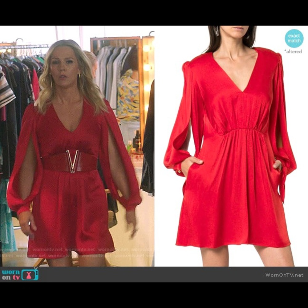 NWT Haney Red Split Sleeve Gathered Satin Dress - Picture 12 of 16